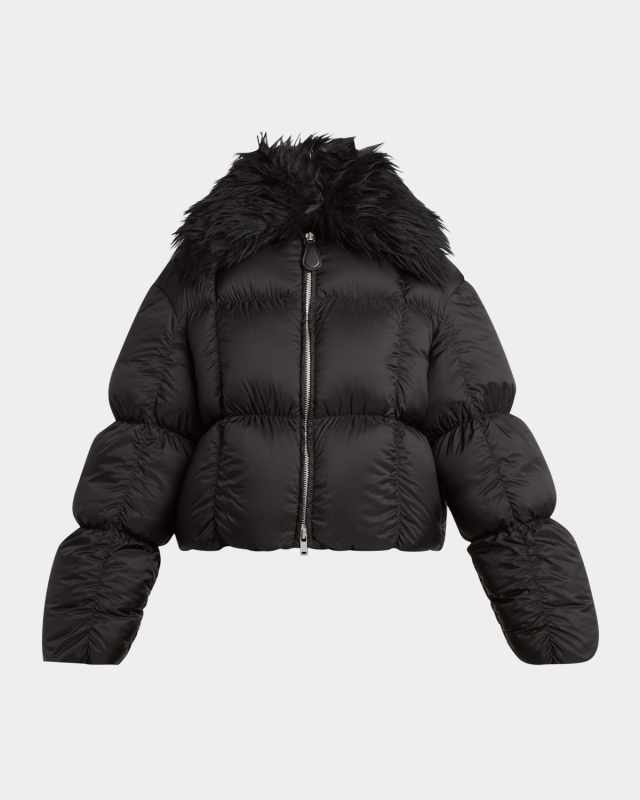 Gathered Quilted Jacket With Detachable Faux-Fur Collar